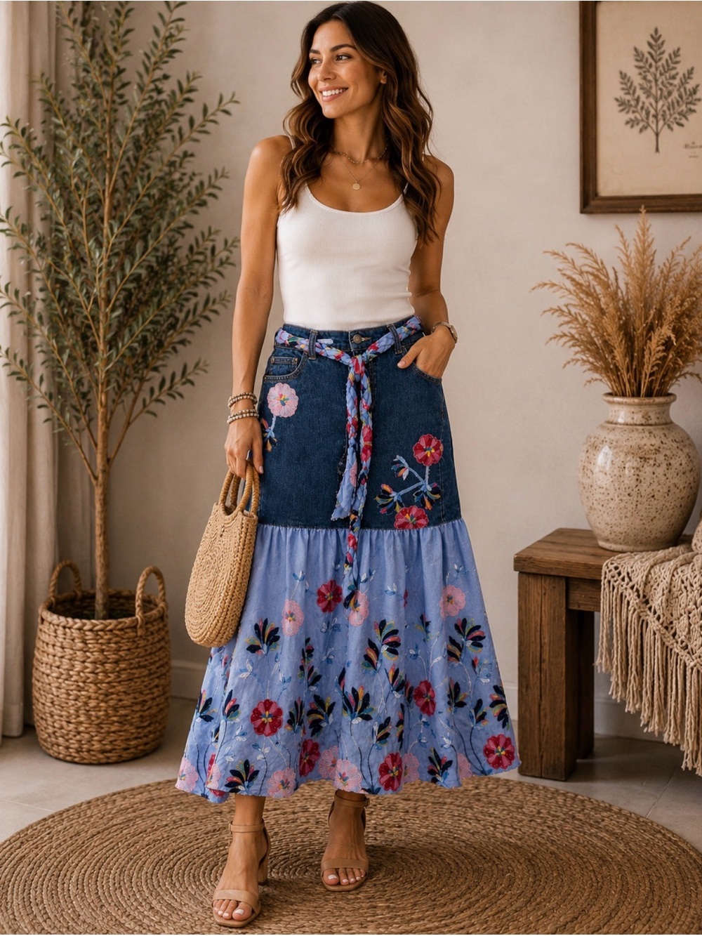 Gloria Vanderbilt Denim & Blue Floral Tiered Maxi Skirt size 8 P